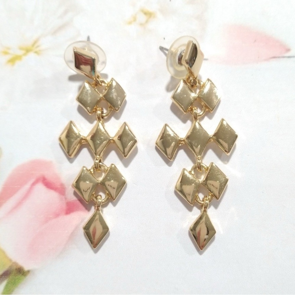 Vintage Dangle Drop Earrings Gold Tone Geometric Diamond Kite Link 80s Pop EC2